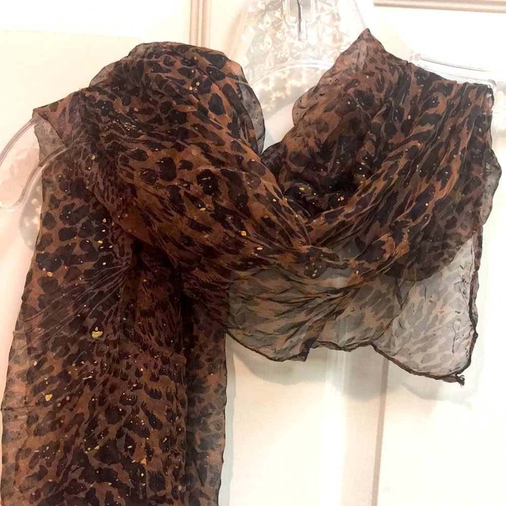 Leopard Print Sheer Scarf with gold accents